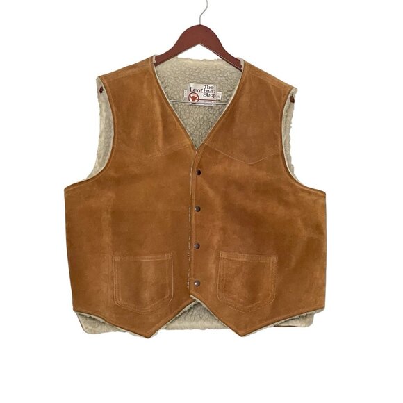 VTG Sears The Leather Shop Sherpa Lined Snap Vest 70s Western Cowboy Size XL - Picture 1 of 11